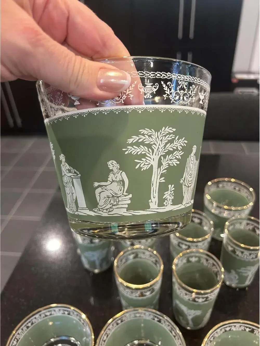 VTG Jeanette Wedgwood Hellenic Grecian Green Roman ice bucket and other glasses